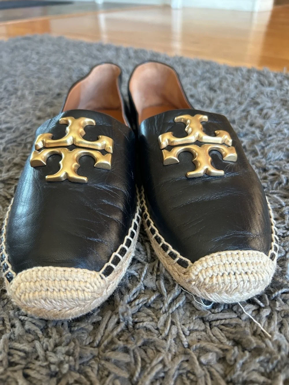 Tory Burch ELEANOR ESPADRILLE Black Leather Espadrille Flats with Gold Logo